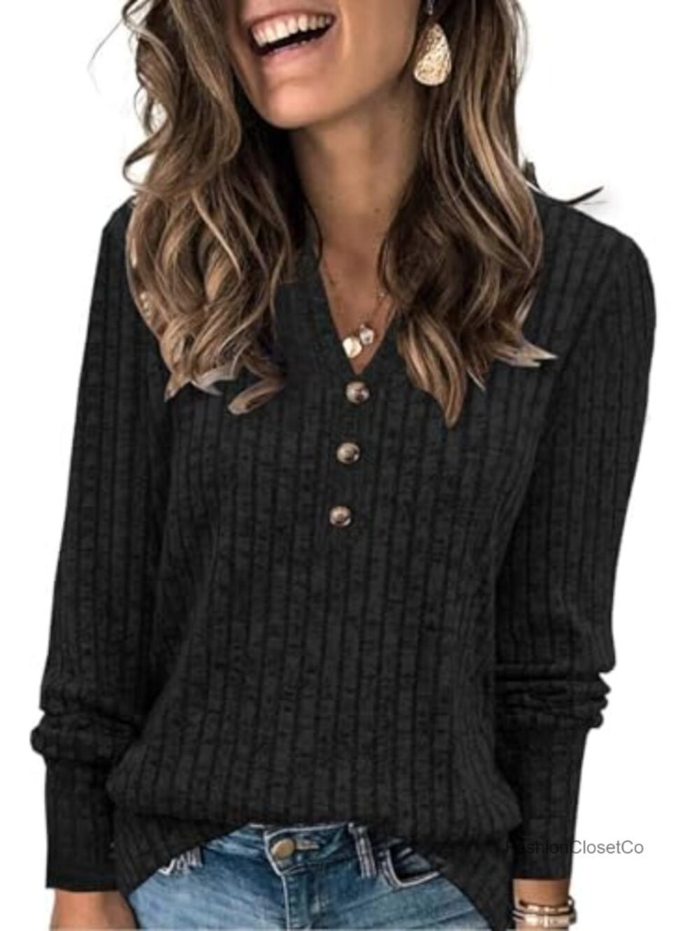 Women's Henley Neck Long Sleeve Pullover Sweater Fall Knit Top